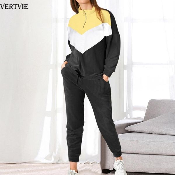 

vertvie tracksuit women 2 piece set patchwork sweatsuit pullovers pants set long sleeve zipper hoodies sweatshirt sports outfits, Black;blue