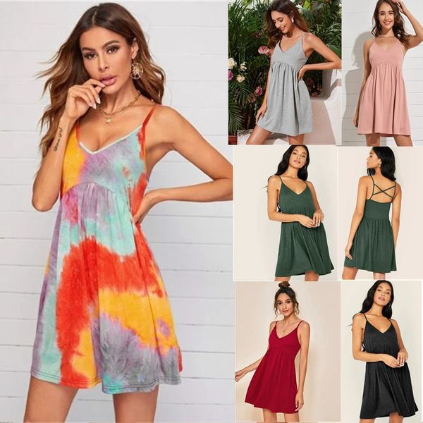 

2020 Summer Women's Dress New Fashion Trend Cross Back Knitted Suspender Dress 6 Colors Size S-2XL
