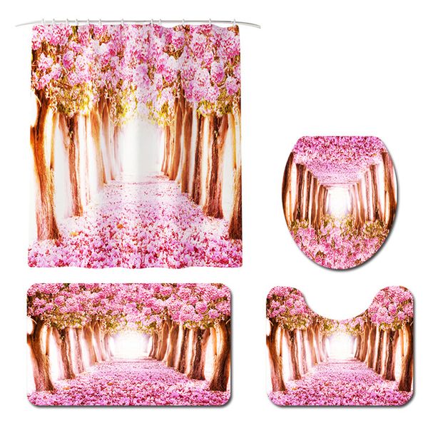 

4шт душ занавес peach blossom printed non слип крючки ванной коврики set