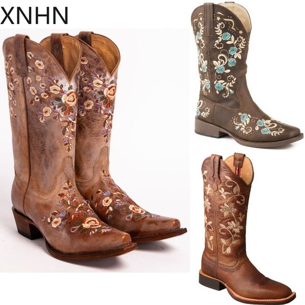 

fashion women's floral embroidered western boots cowgirl boots shoes knee high riding leather vintage riding, Black
