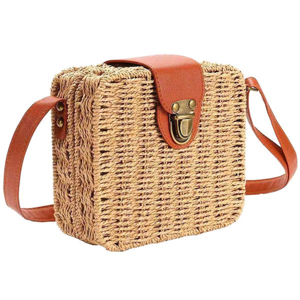 

beach rattan bag small crossbody sling bag square straw bag( brown