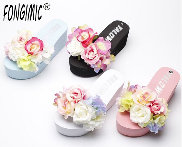 

cm high heel women's new handmade flowers word tow sponge cake wedge flip-flops beach wedge sandals womens slippers indoor, Black