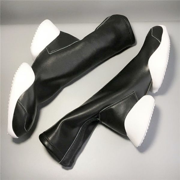 

personality thick bottom stretch mid calf knight boots spring autumn new brand round toe slip on increase cow suede boots, Black