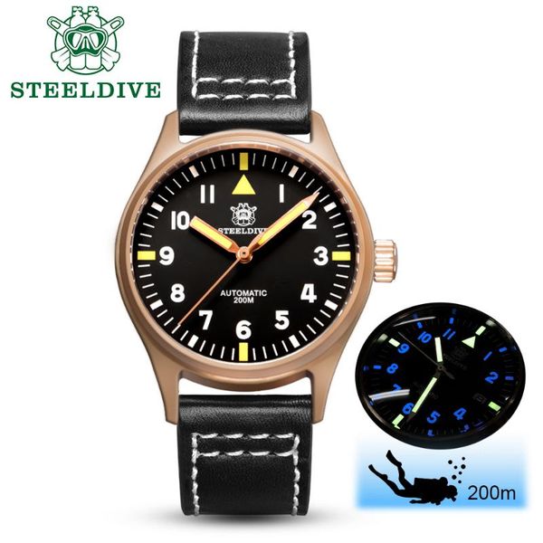 

steeldive 1940s cusn8 pilot watch bronze mechanical watch men wrist sapphire crystal automatic men 200m diver watches man, Slivery;brown