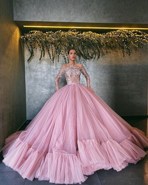 

gorgeous puffy evening dresses ball gown illusion long sleeves beads appliqued formal party gown custom made sweep train red carpet dress, Black;red