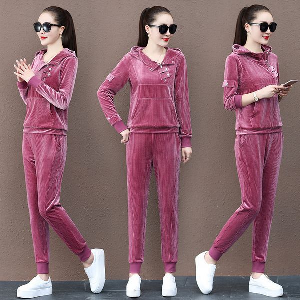 

running sets autumn women sportswear tracksuit velvet loose hoodie sweatshirt+pant jogger fitness gym workout casual set sport suit, Black;blue