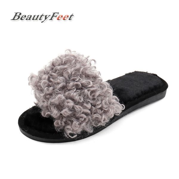 

open toe winter slippers warm women slippers female warm plush slides indoor bedroom fur flats casual shoes beautyfeet, Black