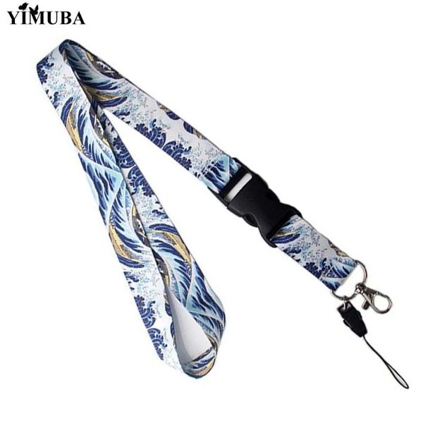 

yimuba blue sea wave keychain phone detachable buckle lanyards kanagawa surfing print neck strap anti-lost game console lanyard, Silver
