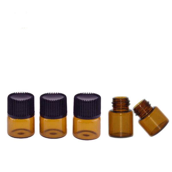 Più popolari 1/4 Dram 1ml Mini bottiglie di olio essenziale di vetro ambrato Bottiglie di provette per campioni di profumo con tappo a vite nero LX2770