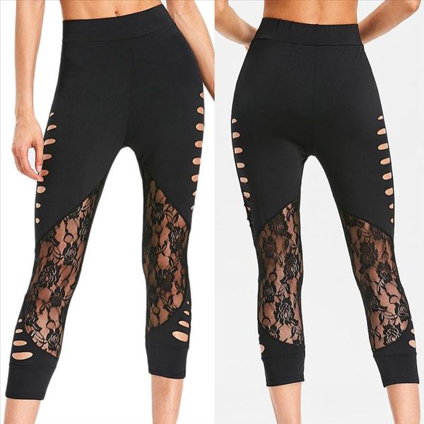 

women legging solid ladder shredding lace fitness leggings trousers hole casual pants gym clothing sport leggins 10, Black