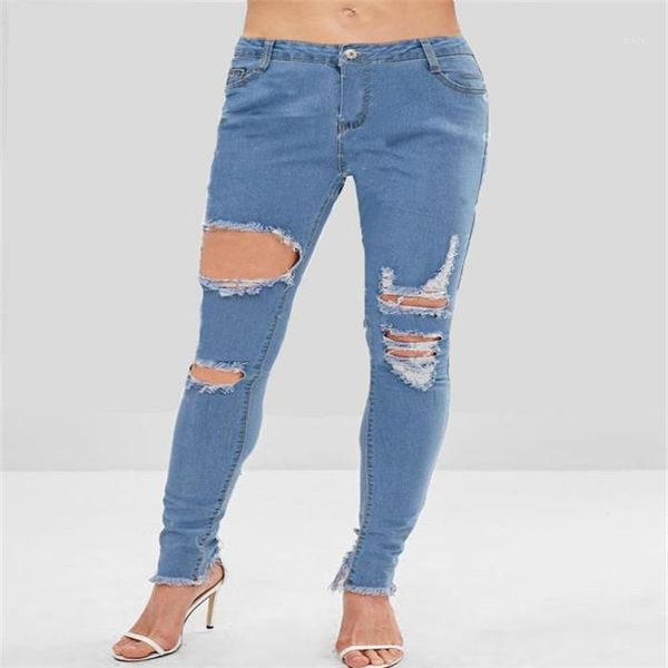 

jeans hole ripped high elasticity solid color pencil pants plus size women clothing classic womens designer, Blue