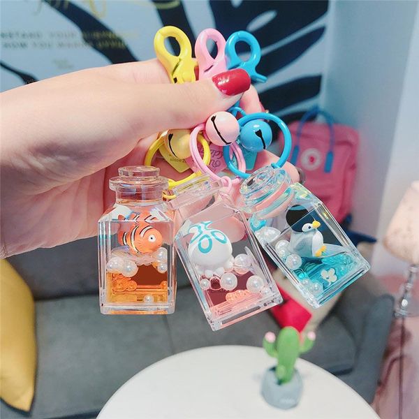 

cute floating ocean doll keychain women cartoon water world animal liquid quicksand key chains bag pendant trinket car key ring, Silver