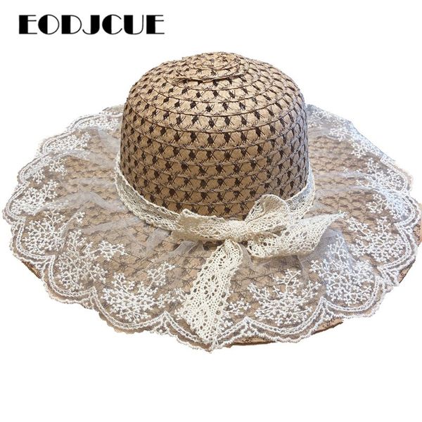

2020 gorra summer fashion sun hats for women lace yarn shade beach hat tourism lady boater cap femme straw, Blue;gray