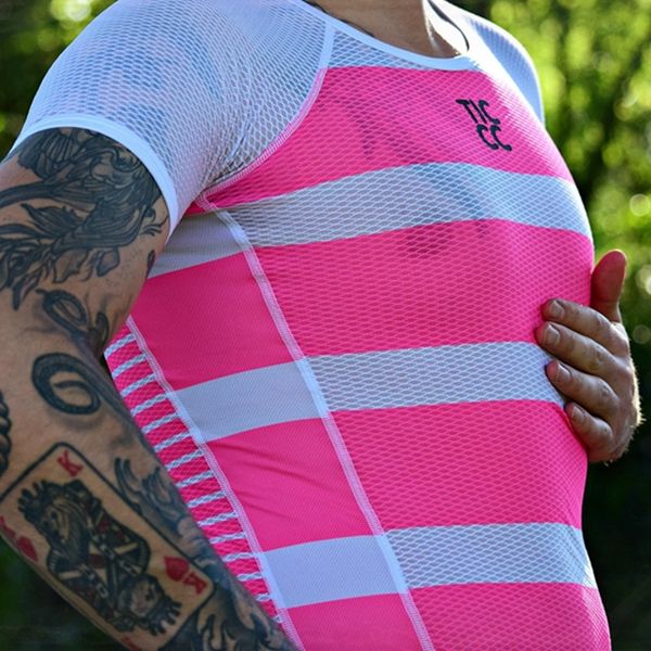 

team rc cycling baselayer men striped bike riding underwear pink and black mesh polyester sportwear capa de base de malla, Black;red