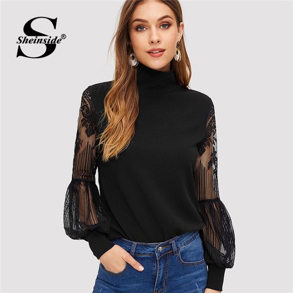 

sheinside black turtleneck sweatshirt female long sleeve contrast lace lantern sleeve women pullover elegant sweatshirts