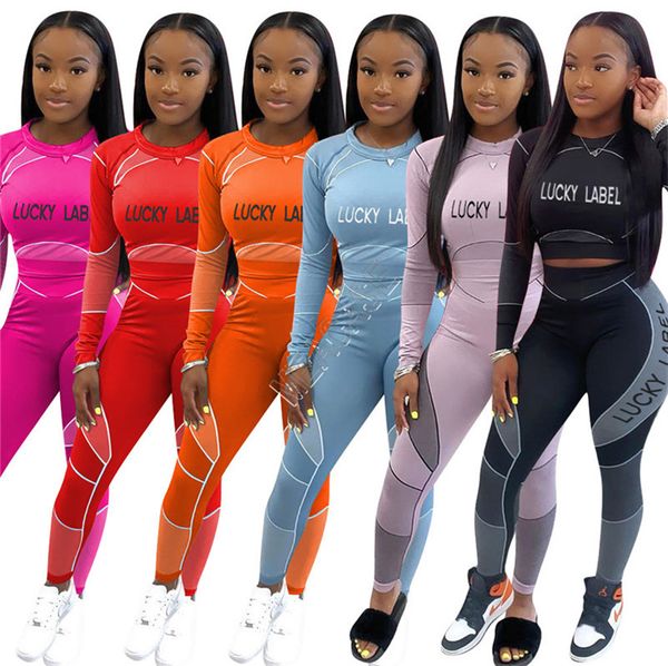 

women tracksuit lucky label letters long sleeves t shirts crop tight leggings pants running two piece outfit playsuit sports suit d92305, White