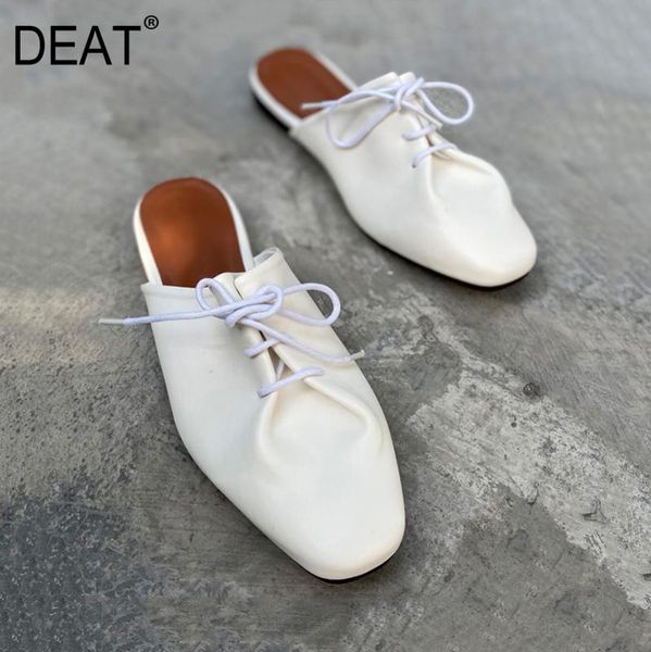 

deat] 2020 new spring summer square toe shallow bandage soft leather outside flat slippers women shoes fashion tide 10g060, Black
