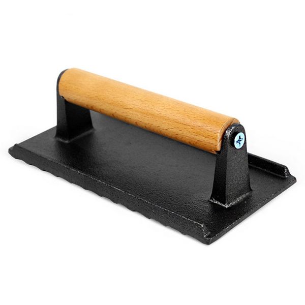 

with wooden handle steak plate professional meat press bbq cast iron grill