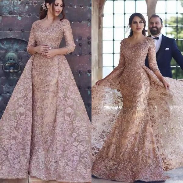 

Dubai Arabic 2019 Modern Mermaid Prom Dresses Sexy Long Sleeves Full Lace Appliques Elegant Formal Party Evening Dress With Overskirt