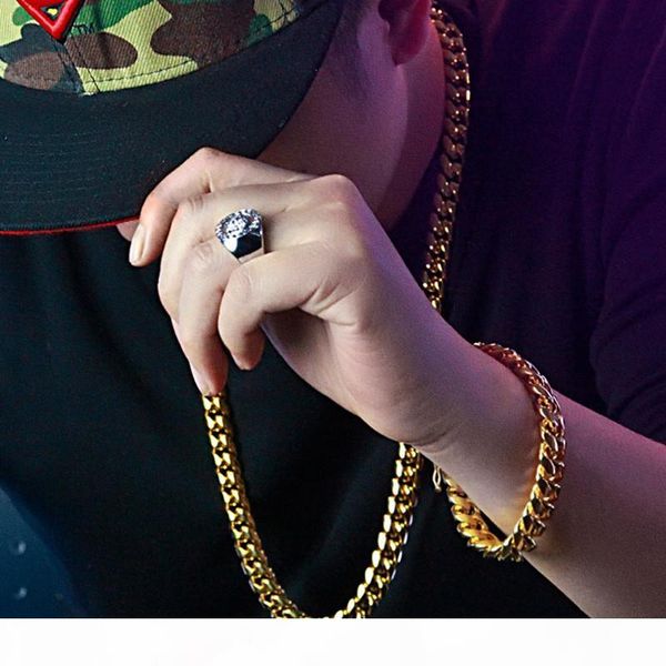 

europe and america hip hop mens stainless steel jewelry 8mm 30inch yellow gold plated heavy cuban chain necklace bracelet set for men, Silver