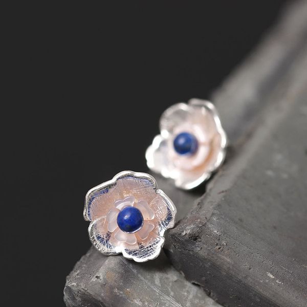 

flyleaf 925 sterling silver lapis lazuli shell flowers stud earrings elegant lady gift sterling-silver-jewelry, Golden;silver