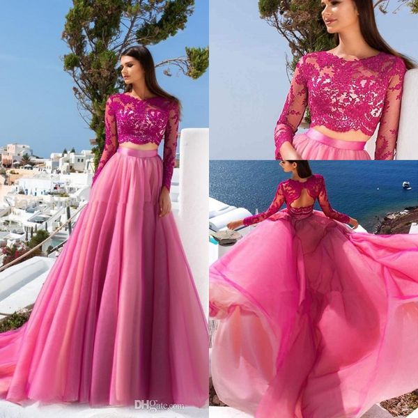 

pink two pieces lace a line prom dresses 2020 long sleeves tulle high split hollow back sweep train formal party evening dresses