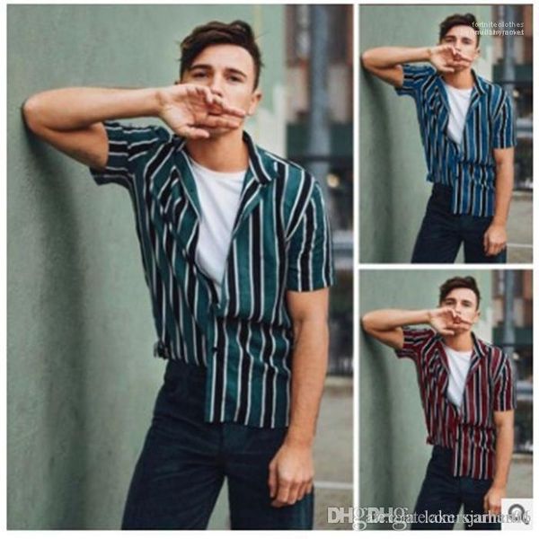 

loose lapel neck shirt mens summer desinger printed casual shirt new european sstyle striped short sleeve, White;black