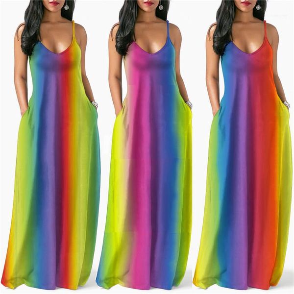 

dresses new women designer dresses plus size women summer dresses fashion v neck rainbow spaghetti strap maxi, Black;gray
