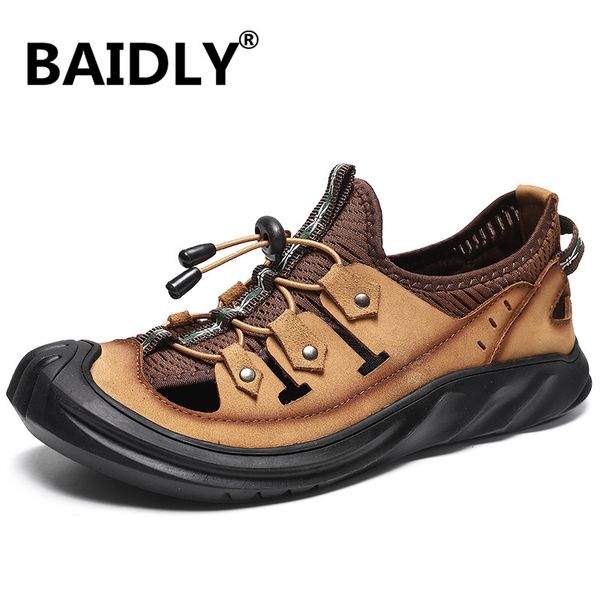

designers summer beach sandals fashion genuine leather men sandals split leather slippers for men casual outdoor sneakers, Black