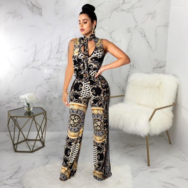 

nightclub wearing full length apparel digital printed jumpsuits for women summer clothing black, Black;white