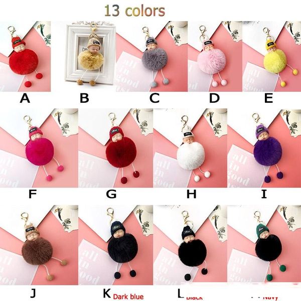 

cute sleeping baby plush doll keychain pompom rabbit fur ball key chain car keyring women key holder bag pendant charm accessories kids gift
