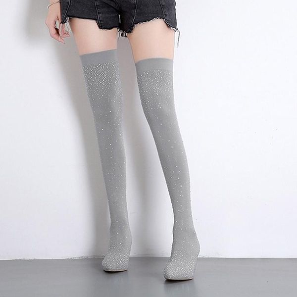 

women drill elastic boots pointed high heels stockings over-the-knee boots women zapatos botas mujer invierno #40, Black