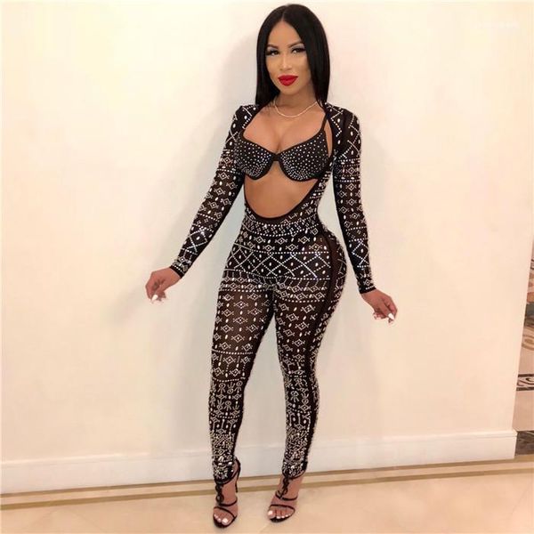 

lace rompers backless party club female clothing rhinestone reversible womens jumpsuits skinny long sleeve black, Black;white