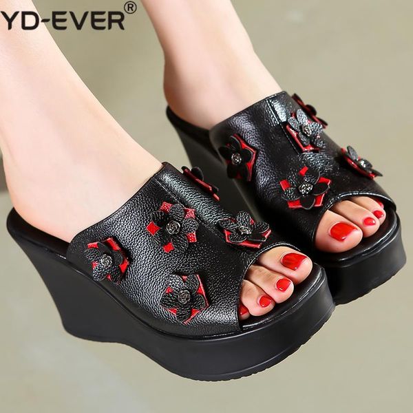 

2020 summer women shoes platform slipper genuine leather handmade flower wedges comfotable sandals women slides, Black