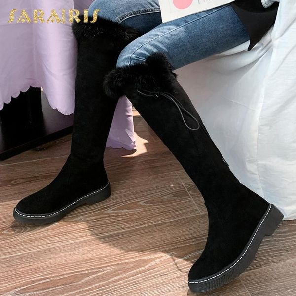 

sarairis fashion new 2020 big size 43 chunky heels knee high boots woman shoes slip on add fur warm winter boots ladies, Black