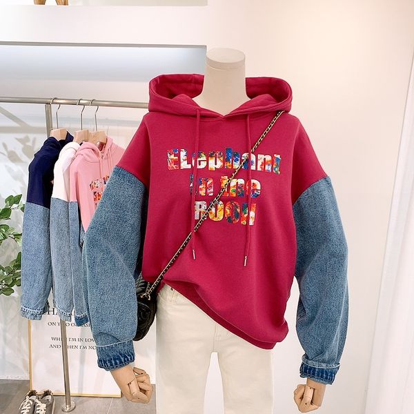 

jeans hoodies women high street 2020 new letter printed hoodie pullover female loose demin hooded sweatshirts, Black