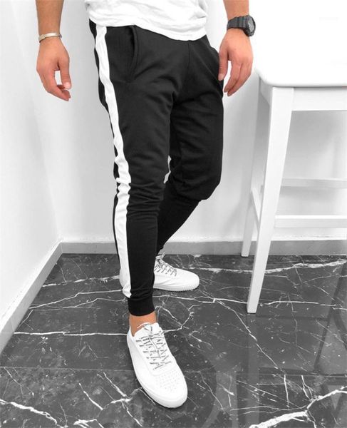 

pants regular fitness trousers trend slim pencil pants and recreational running pants patchwork apparel striped loose mens, Black