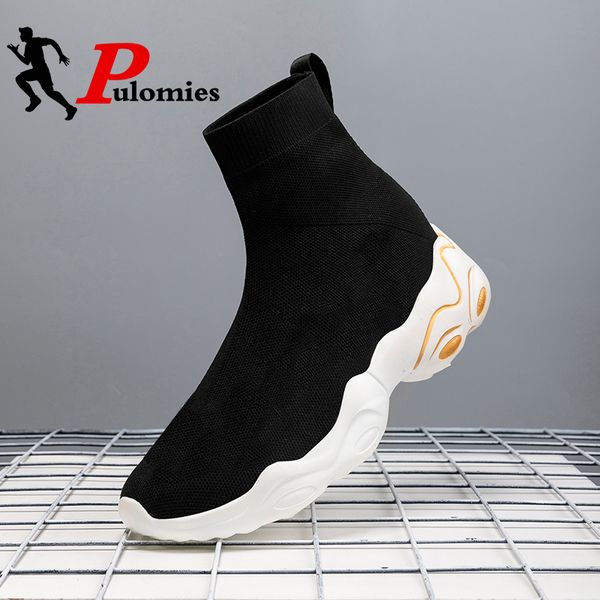 

pulomiesmensportsshoestennisshoesplatformsneakerssockanklebootsbreathableknitcasualwalkingshoescoupleshoes, Black