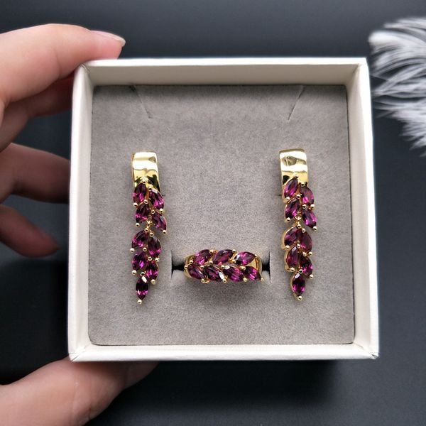 

natural gemstone rhodolite set jewelry 925 sterling silver ring and earrings simple style for girl & women birthday fine gift, Golden;silver