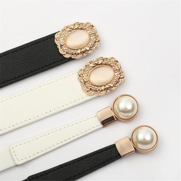 

fashion thin pu leather belt simulated pearl elastic waist belts women dress skirt decoration fashion girles gifts, Black;brown