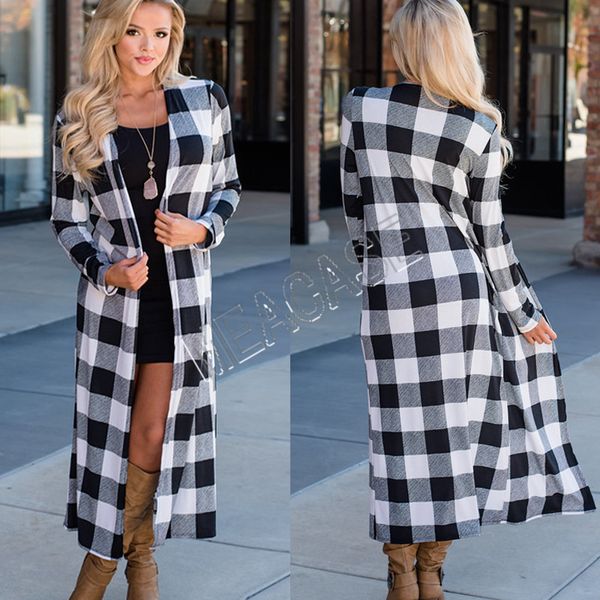 

women cardigan clothes 2020 autumn and winter fashion long-sleeved plaid print long sweater cardigan casual jacket blouses sale d81206, White;black