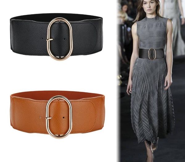 

Wide Black real Cow Leather Cummerbunds Fashion Women Elastic Waistband Corset Belts For Women High gold buckle Waist Belt lady