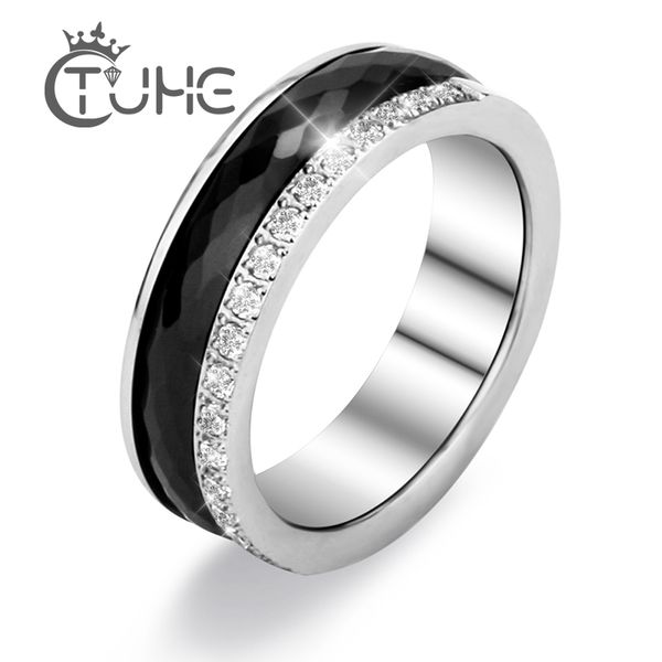 

half row rhinestone inlaid zircon anniversary ring for women men 6mm stainless steel ceramic rings anniversary jewelry, Golden;silver