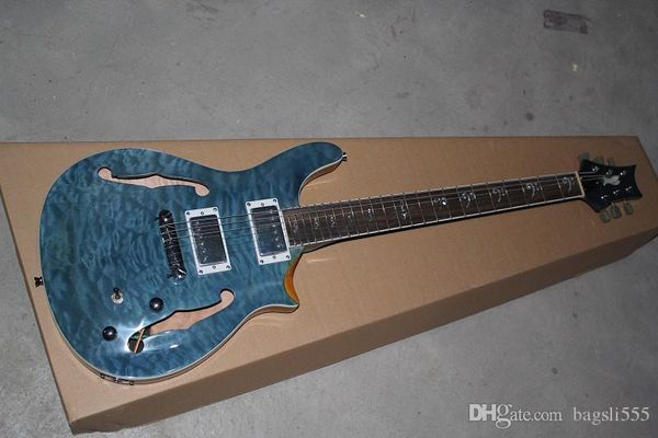 

new arrival birds inlay fingerboard double f hole half a hollow jazz dark blue electric guitar