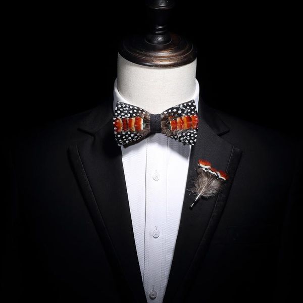 

jemygins fashion men's bow tie handmade black leather bow tie feather brooch wooden box wedding party gift, Blue;purple