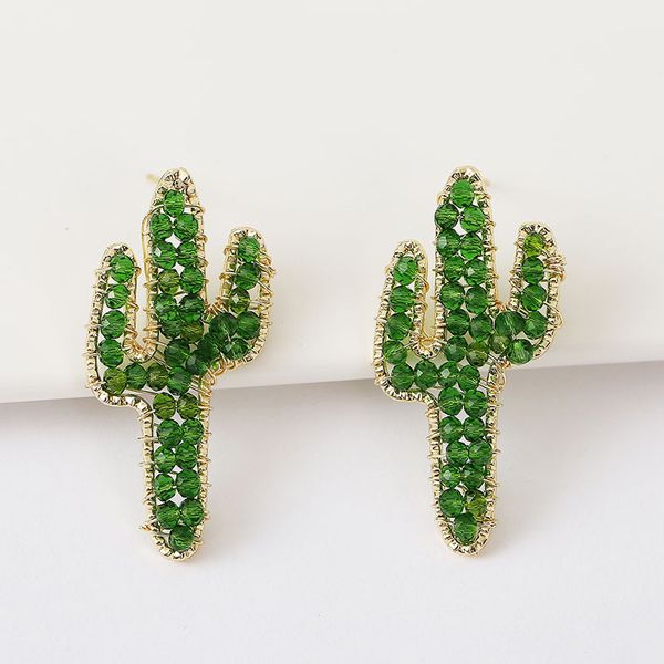 

korean cute hand-woven cactus crystal earrings europe beaded plant ear pendant ornament, Golden