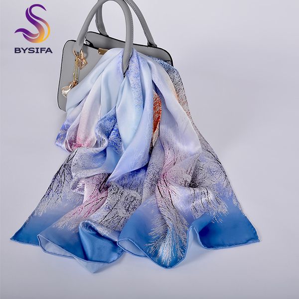 

bysifa] top grade 100% шелкового шарф шаль женщина мода new sky blue winter birch forest шарфы весна осень длинного шарф шея мыс, Blue;gray