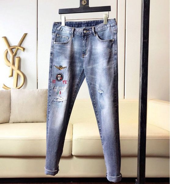 

2020 new style men's distressed ripped skinny jeans fashion grinding car explosions hip hop men jeans, Blue
