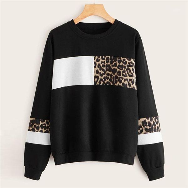 

casual ladies hoodies leopard womens hoodies patchwork color pullover o-neck long sleeve loose ladies sweatshirts, Black