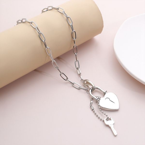 

new layered chains hiphop punk padlock necklace men rock heart lock with key necklaces for women jewelry gift, Silver